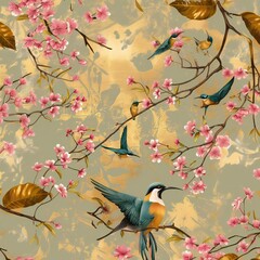 birds on a branch painting in chinoiseries style. brass background	