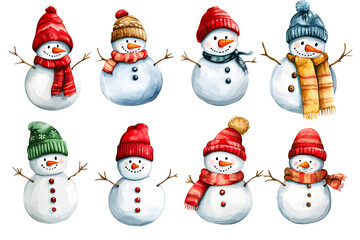 Snowman cute cartoon watercolor Illustration collection isolated on white. Cheerful snowmen in different costumes. Winter holidays set