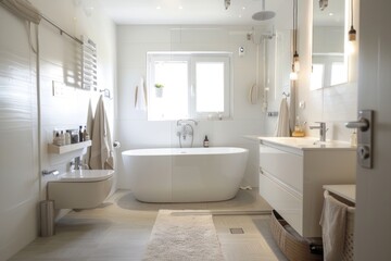 Minimalist white bathroom with cozy accents, clean lines, and soft lighting