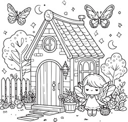 Fairy house line art coloring book illustration for kids