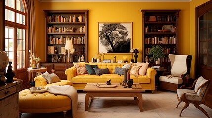 Living room in a cozy mustard yellow hue