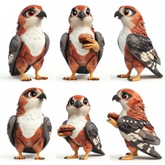 Fototapeta premium A cartoonish hawk character holding a donut, showcasing various poses and expressions.