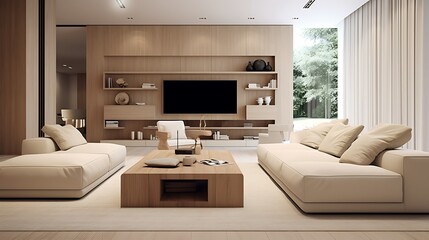 Living room in a minimalistic white and beige