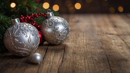 Christmas decorations on a wooden surface Copyspace Xmas border.