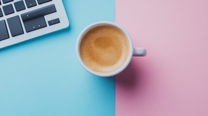 A white coffee mug filled with coffee sits on a pink surface with a keyboard on a blue surface in the background. The image is a minimal composition.
