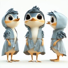 Fototapeta premium A cute animated bird character wearing a blue hooded cloak, shown from multiple angles.