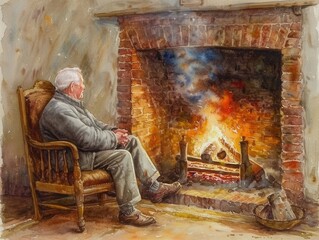 Fototapeta premium Serenity by the Fireplace - Peaceful Reflections of an Elderly Man in Soft Watercolors