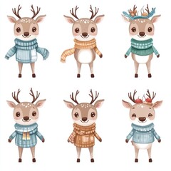 Fototapeta premium A collection of cute cartoon deer wearing colorful sweaters and accessories.