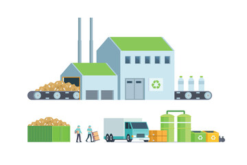 Fototapeta premium Green waste recycling plant. Modern flat style, Eco factory illustration. Dump truck and waste management building.