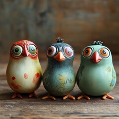 Three whimsical, colorful bird figurines with distinct expressions and designs.