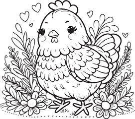 Chicken lineart coloring book illustration