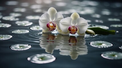 White orchids floating on rippling water.