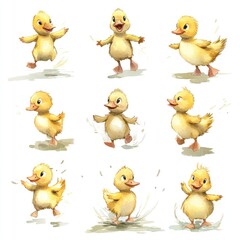 Fototapeta premium A playful cartoon duckling depicted in various joyful poses.