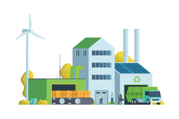 Green waste recycling plant. Modern flat style, Eco factory illustration. Dump truck and waste management building.