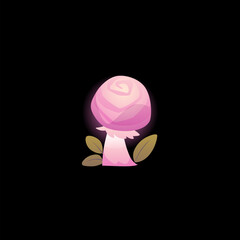 Vector illustration of fantastic pink neon colored mushroom with glossy surface and green leaves around.
