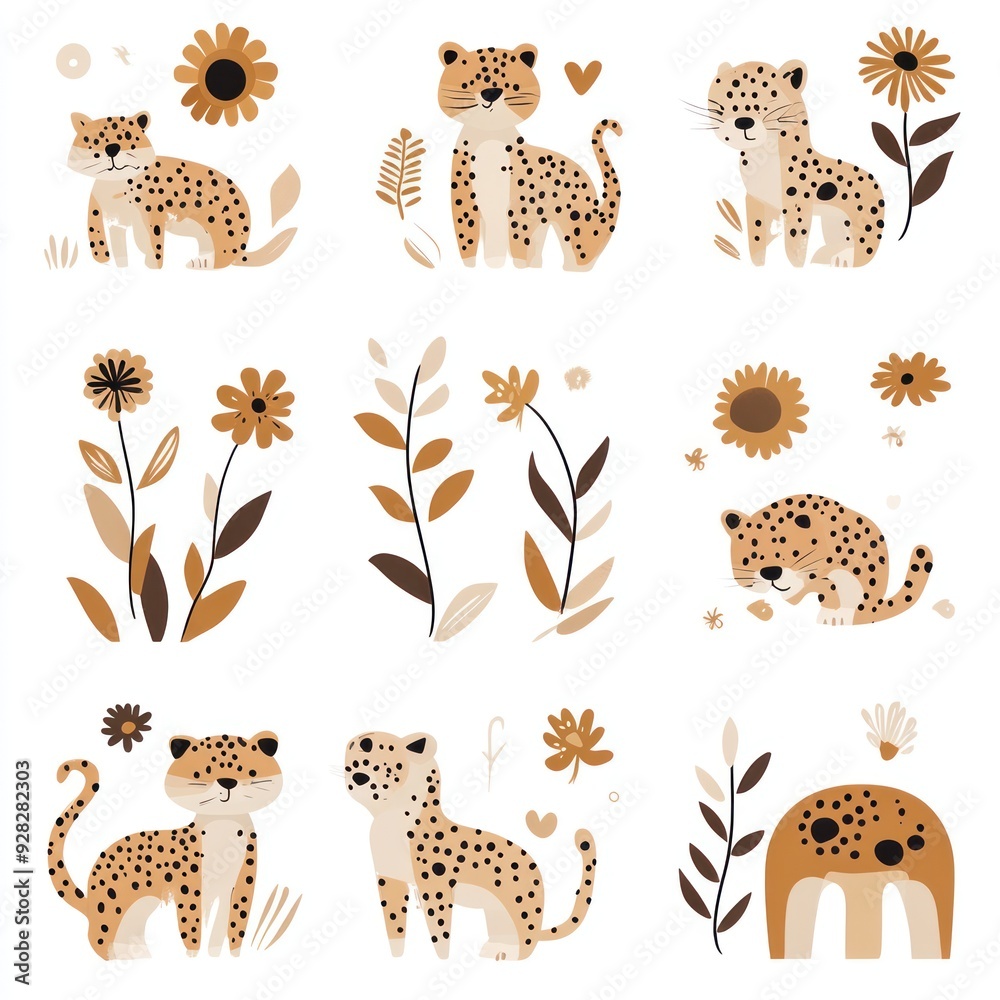 Sticker A playful illustration featuring leopards and flowers in a warm color palette.