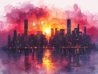 Fototapeta premium Vibrant city skyline at sunset, illuminated by fireworks, reflecting in water, creating a stunning colorful atmosphere.