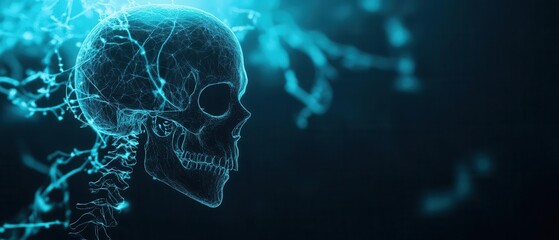 A glowing blue skull illustration with a digital and futuristic vibe, representing death, science, and the unknown.