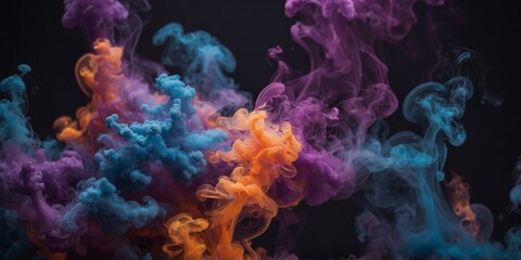 Vivid hues of purple orange and blue blend together in a mesmerizing and otherworldly display of fluorescent smoke art.