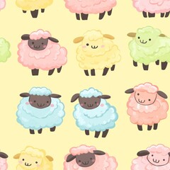 A colorful pattern featuring cute cartoon sheep in various pastel colors on a yellow background.