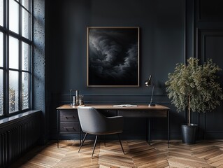 Wall art frame in an office with elegant desk that seamlessly blends a minimalist approach with eclectic touches