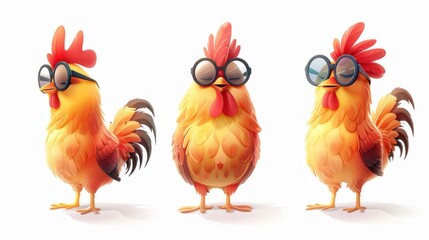 Fototapeta premium Three cartoon chickens wearing glasses, each with unique expressions and poses.