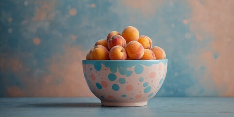 Naklejka premium Abstract background with one empty bowl in pastel peach and blue with polka dots Copy space.