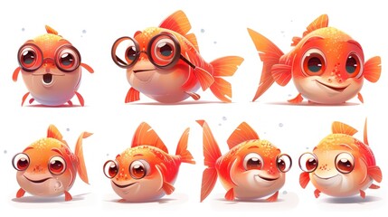 Fototapeta premium A playful illustration of cute goldfish with various expressions and poses.