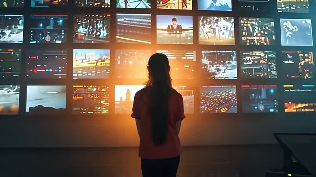 a viewer of a video wall featuring many television screens displaying multimedia pictures