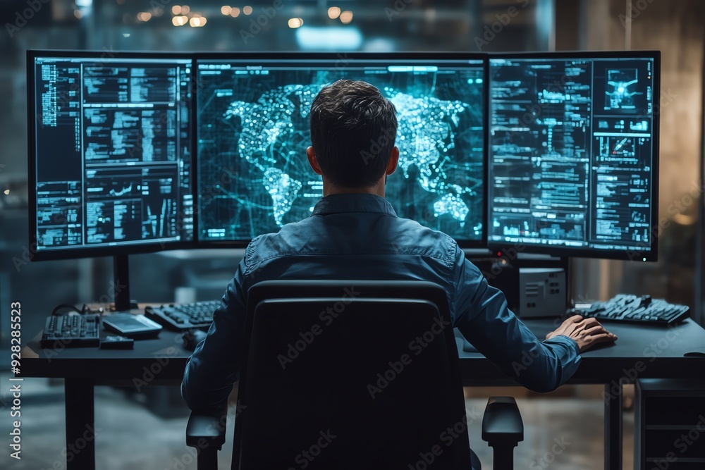 Leinwandbilder Hacker Working on Multiple Monitors.