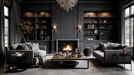 Living room with a sophisticated slate gray color palette