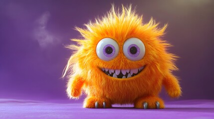 Fototapeta premium 3D illustration of a cute, furry orange monster with large eyes, standing on a purple background. Smiling and playful.