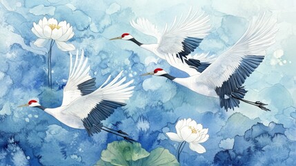 Obraz premium Three elegant cranes flying gracefully over serene blue background, surrounded by lotus flowers, evoking sense of tranquility and beauty. 