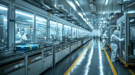 Obraz premium Employees work in modern production in special work clothes, created with Generative AI technology