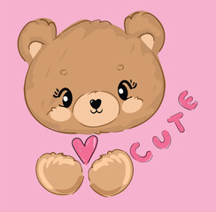 Teddy Bear and Heart vector hand drawn illustration cute print design for kids