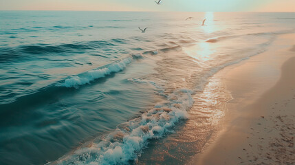 Tranquil Beginnings: Pristine Beach at Dawn Offers a Peaceful High-Angle View
