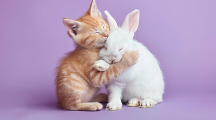 playful ginger kitten and white rabbit hugging on purple background, an animal duo concept representing friendship and love in still life photography