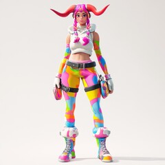 A colorful, animated character with playful attire and accessories.