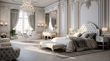 Stylish bedroom adorned with elegant silver and white accents