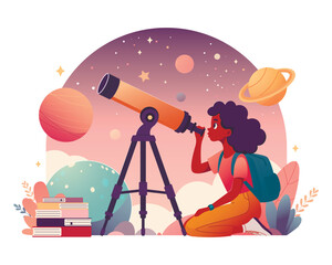 Woman looks through telescope. Sky, planets, stars. Visitor to astronomy museum. Cute flat style © Liliia