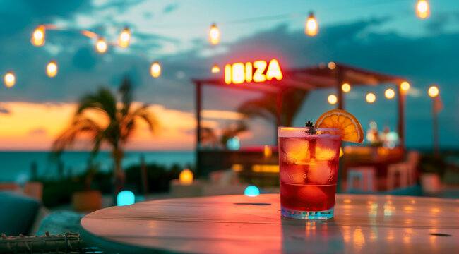 A vibrant tropical cocktail garnished with an orange slice sits on a beach bar counter under mesmerizing string lights. The background features a stunning sunset and text reading 'Ibiza,' promising a