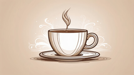 Elegant hand-drawn coffee cup with steaming hot drink, floral decorative background, vintage style illustration.
