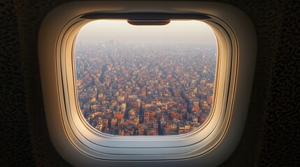 A window on an airplane with a city view