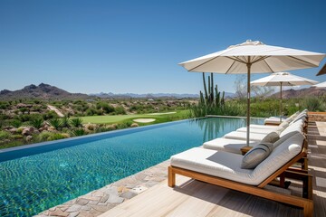 Fototapeta premium Elegant wooden and white poolside lounge chairs with umbrellas, overlooking a golf course in Baja California's red mountains.