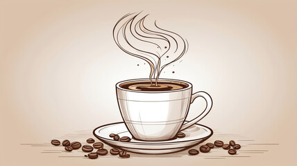 Hand-drawn coffee cup with steaming hot drink, surrounded by scattered coffee beans, vintage style illustration.
