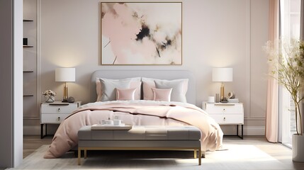 Stylish bedroom showcasing trendy blush pink and gold elements