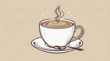Hand-drawn coffee cup with steaming hot drink on a saucer with a spoon, vintage style illustration.
