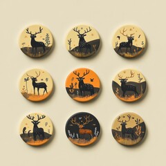 A collection of decorative buttons featuring stylized deer in autumn colors.