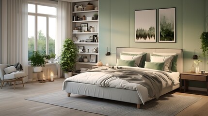 Stylish bedroom with a calming sage green and white design