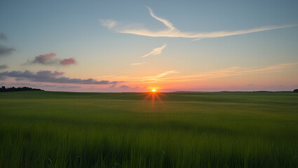 Fototapeta premium Green grass with sunset views, Generative AI 